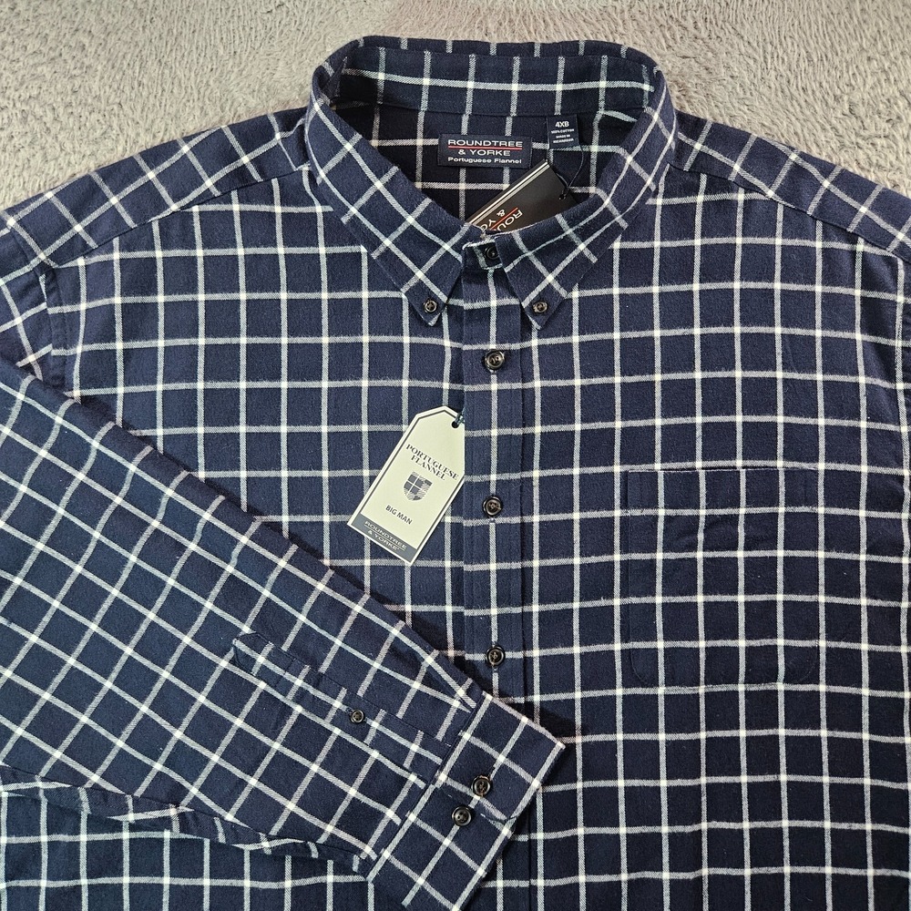 NWT Roundtree & Yorke Portuguese Flannel Shirt Men 4XB White Navy Blue Plaid